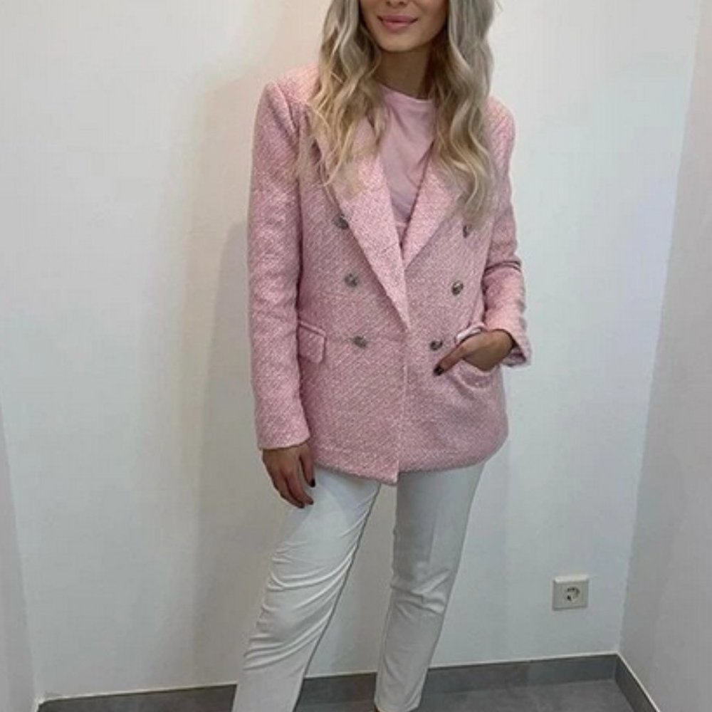 Pink Tweed Double Breasted Blazer Chic Classy - Picture 12 of 14
